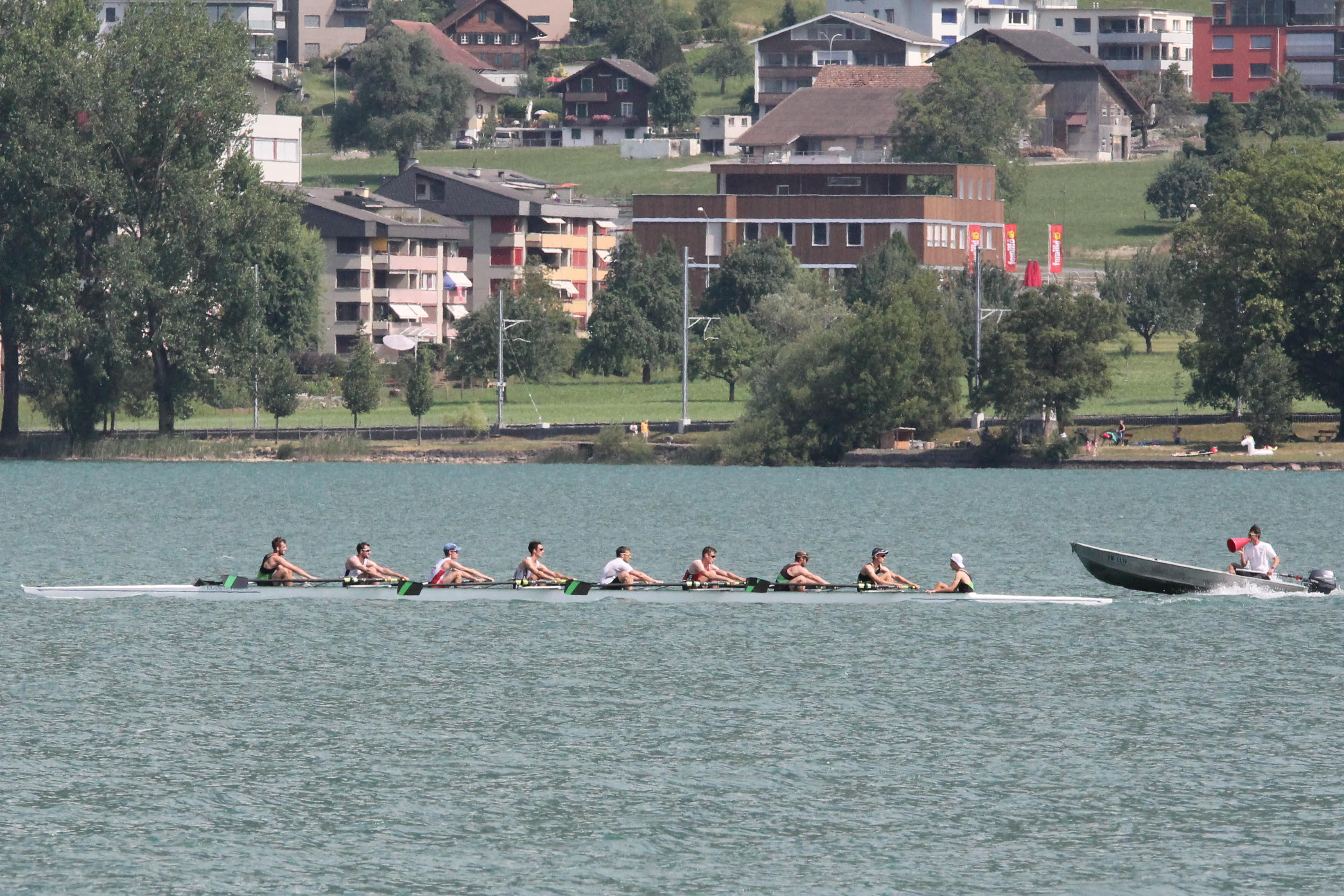 A photo of Andrew Gugger rowing in an eight in Switzerland with Ruder Club Schaffhausen.